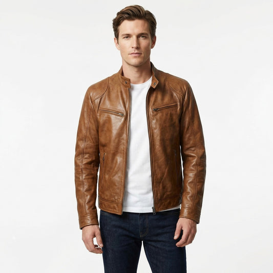 Men’s Faux Leather Zip-Up Jacket – Multi-Pocket Slim Fit Design Position 1