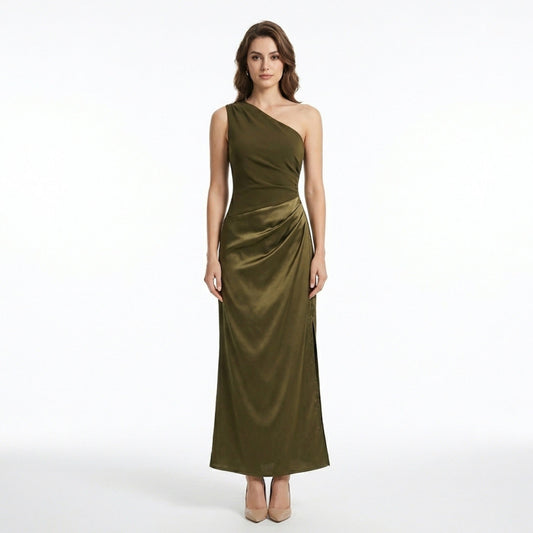 Women’s One Shoulder Maxi Dress – Draped Waist Sleeveless Position 1